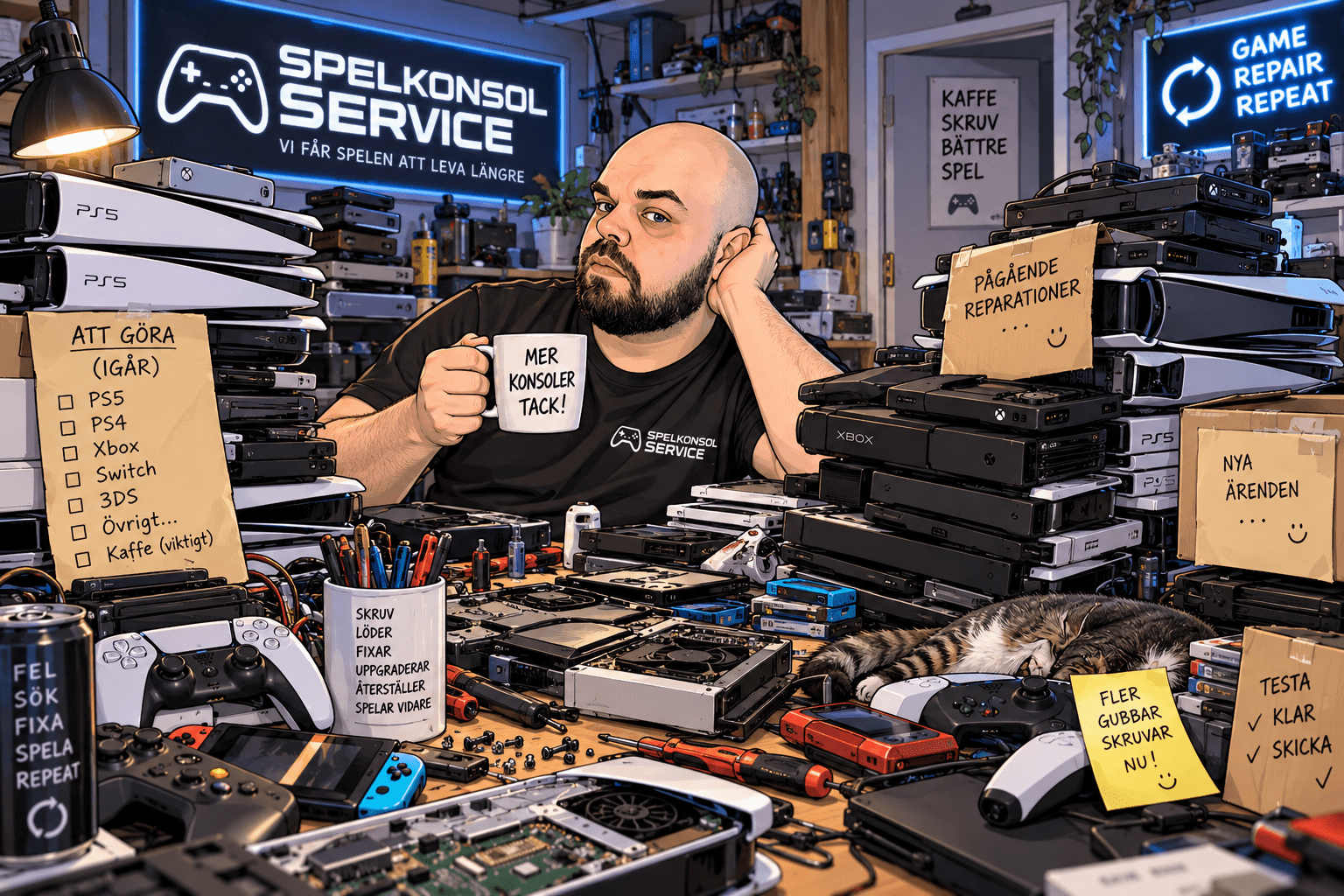 AI-skapad bild med humoristisk ton över Spelkonsolservice